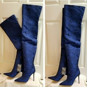 Zara New Electric Blue Floral Over The Knee Boots